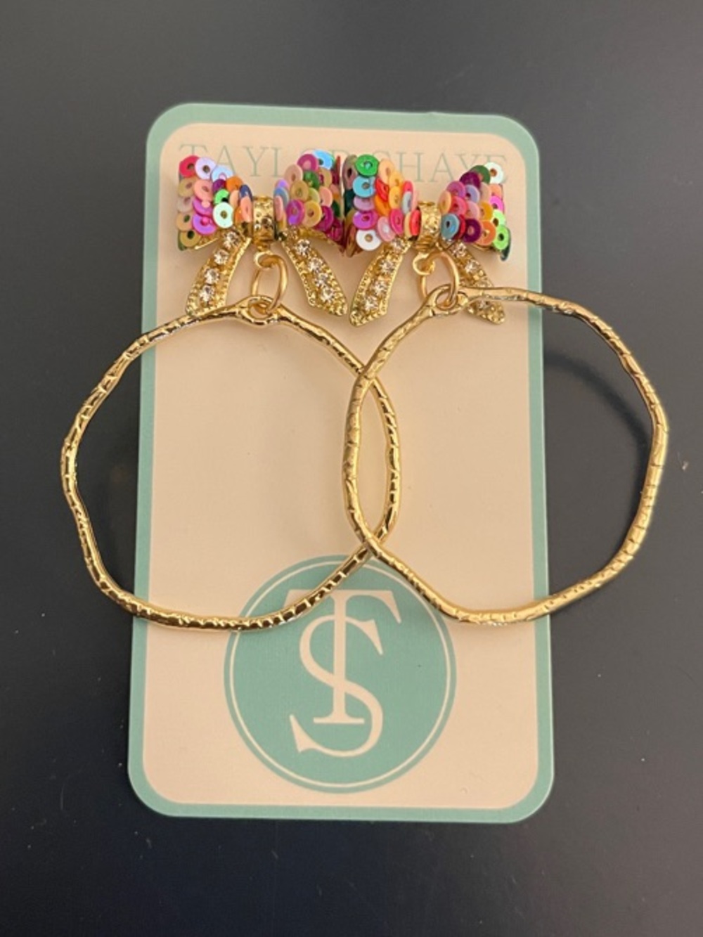 Taylor Shaye Gold Hoop Earrings with Multicolor Sequin Bow Accents
